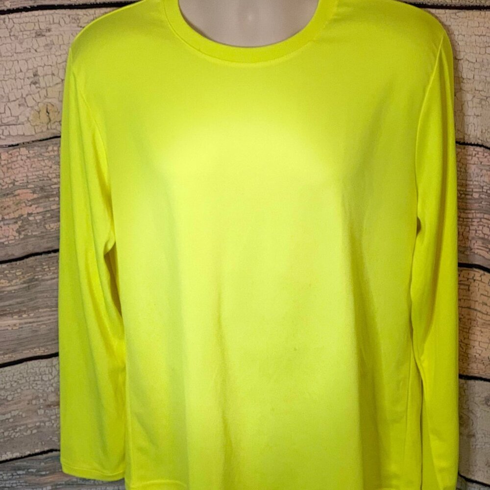 Used Unisex Neon Yellow Fluorescent Long-Sleeved Top with Slight Stain on Front
